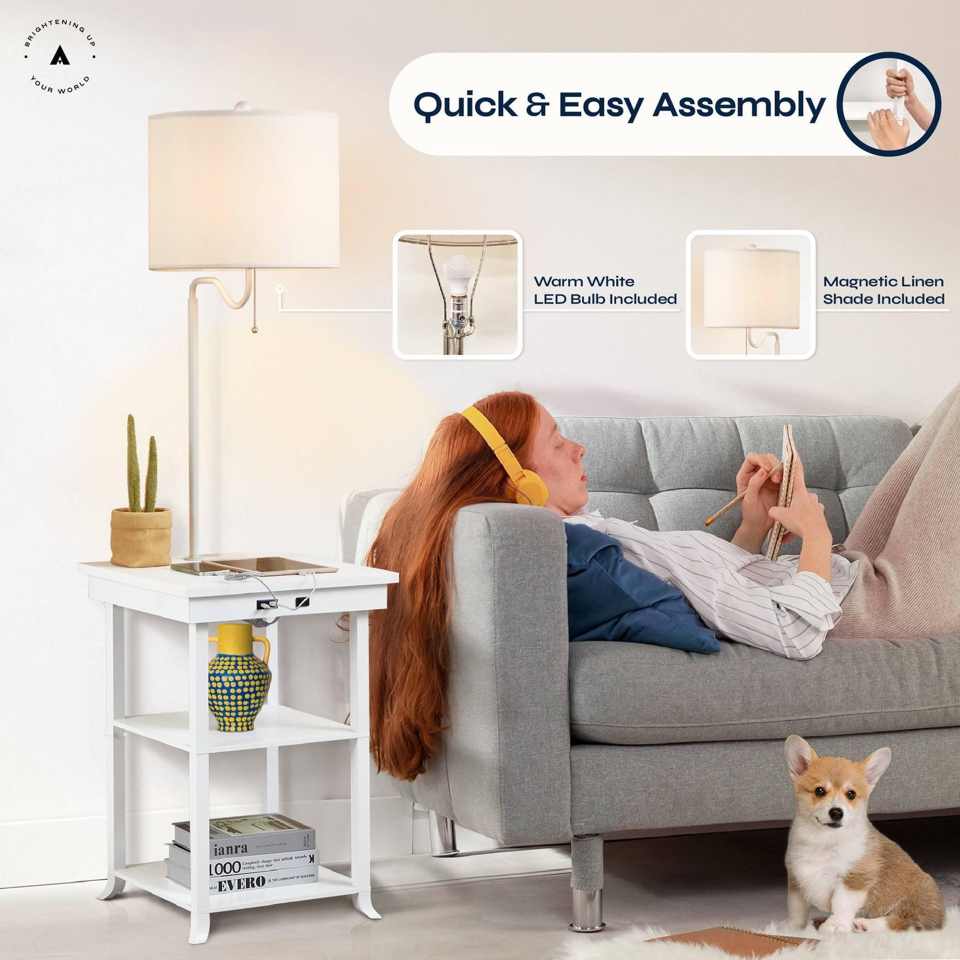 ATAMIN Ava Bedside Table with Lamp and USB-C Charging Station