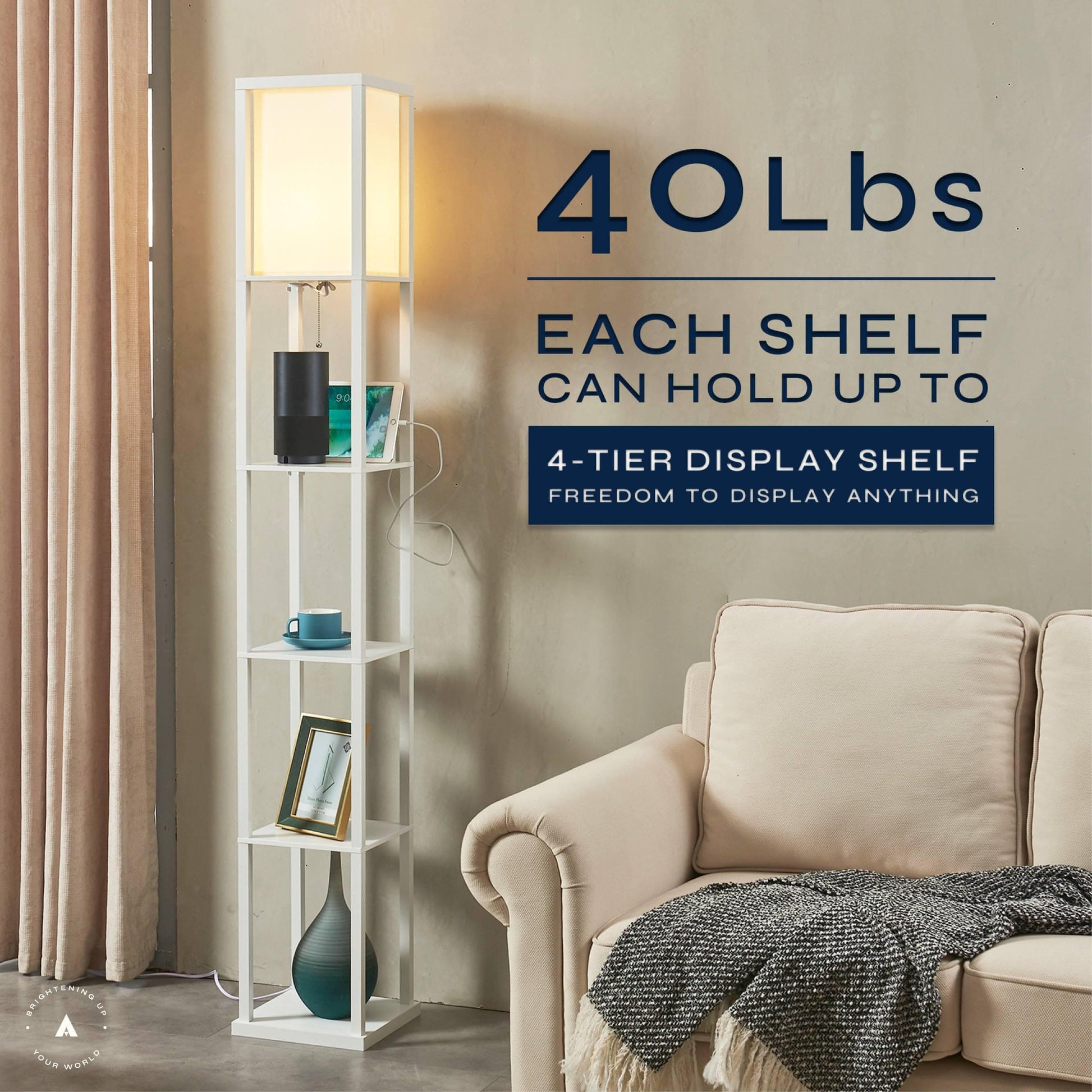 ATAMIN Avery Advanced 72" Floor Lamp With Shelves & USB-C Charging Station