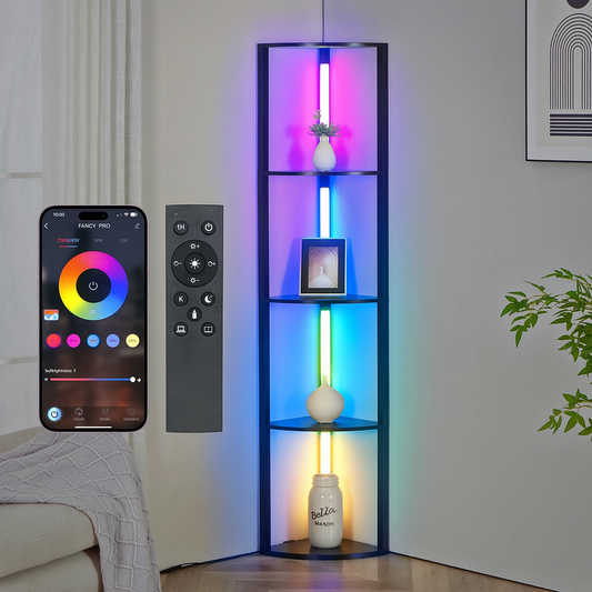 FENLO Fancy Edge RGB - Corner Floor Lamp with Shelves with Adjustable Brightness, Tones, and Color Changing Lights