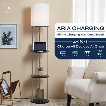 ATAMIN Aria Charger Edition - Modern Floor Lamp with Shelves and Charging Station