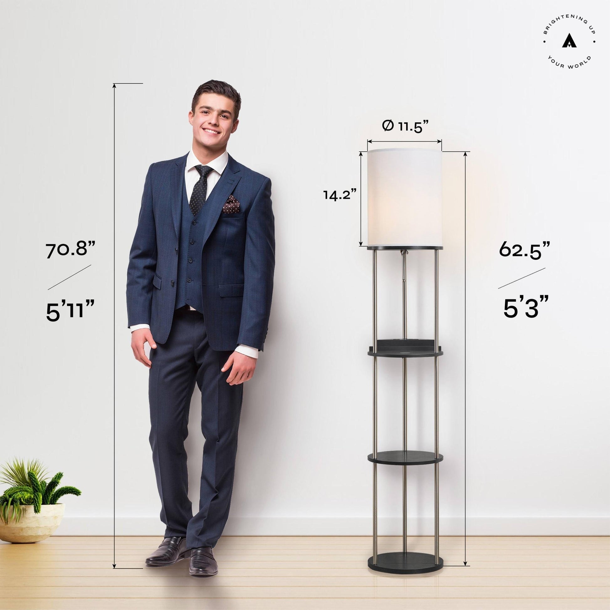ATAMIN Aria Charger Edition - Modern Floor Lamp with Shelves and Charging Station