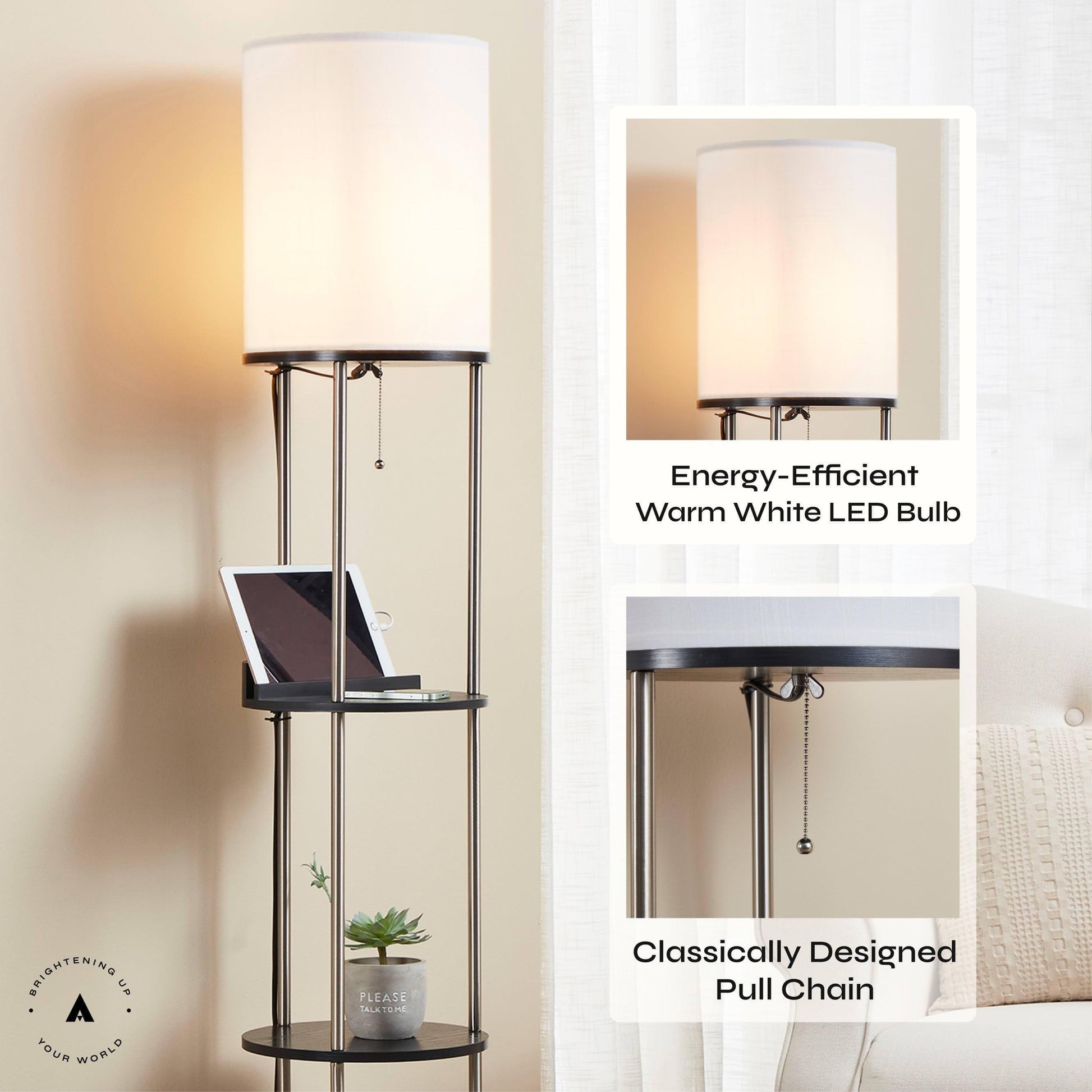 ATAMIN Aria Charger Edition - Modern Floor Lamp with Shelves and Charging Station