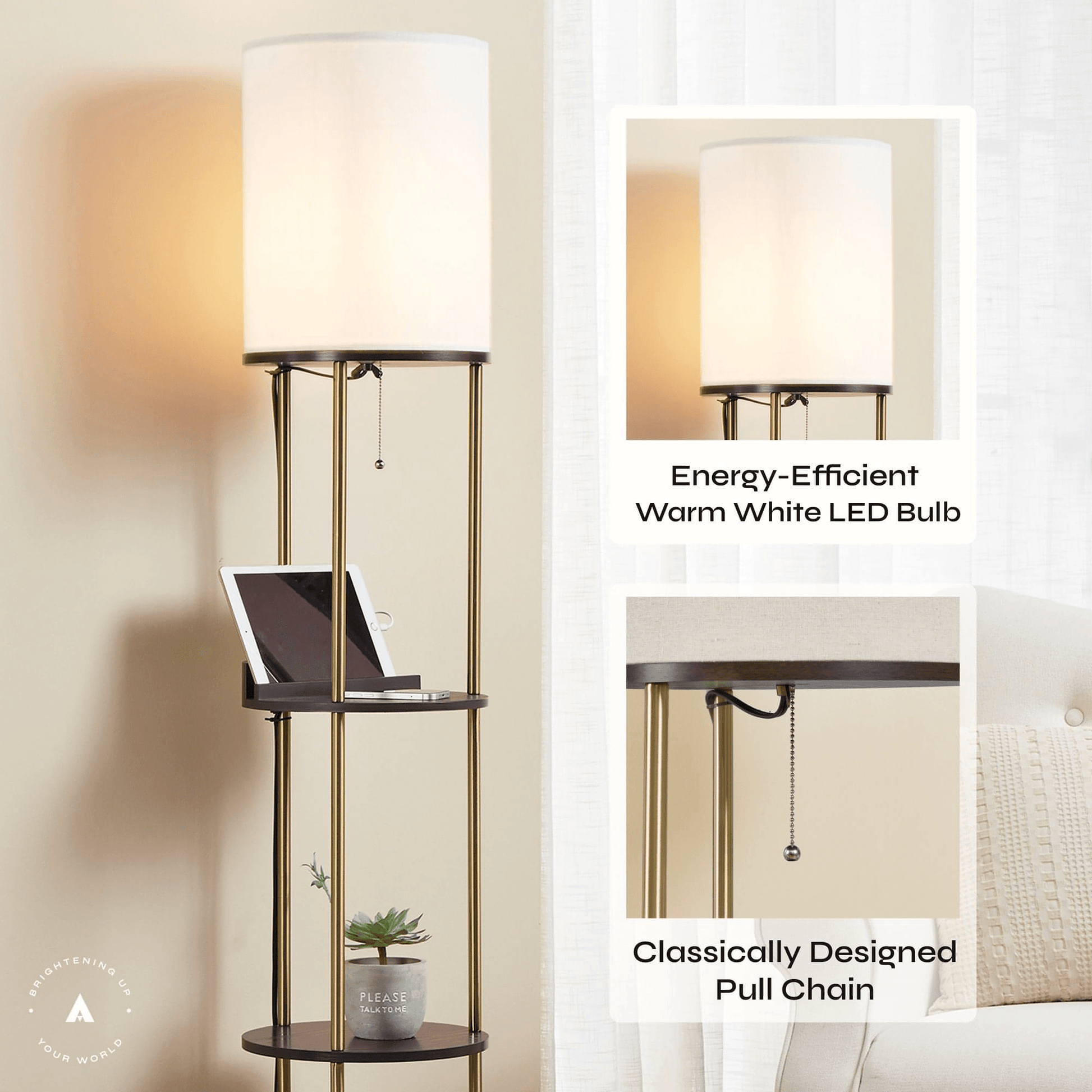 ATAMIN Aria Charger Edition - Modern Floor Lamp with Shelves and Charging Station