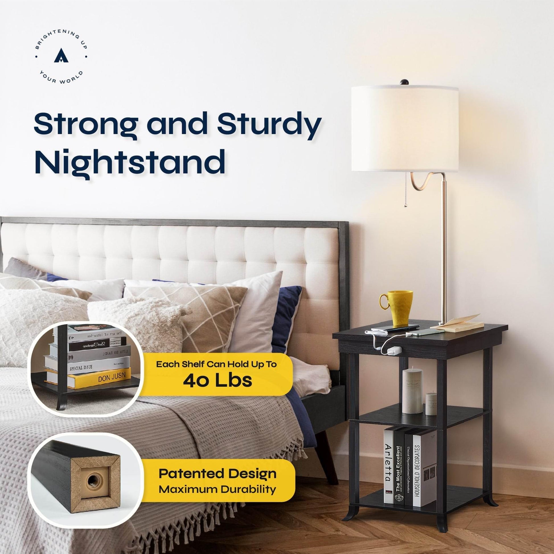 ATAMIN Ava Bedside Table with Lamp and USB-C Charging Station