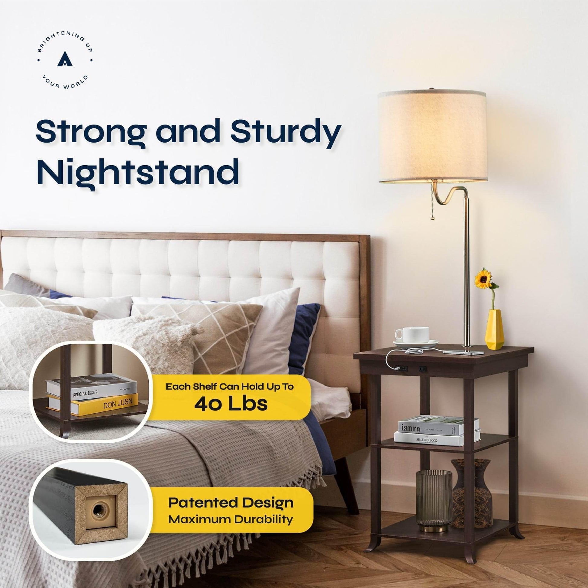 ATAMIN Ava Bedside Table with Lamp and USB-C Charging Station