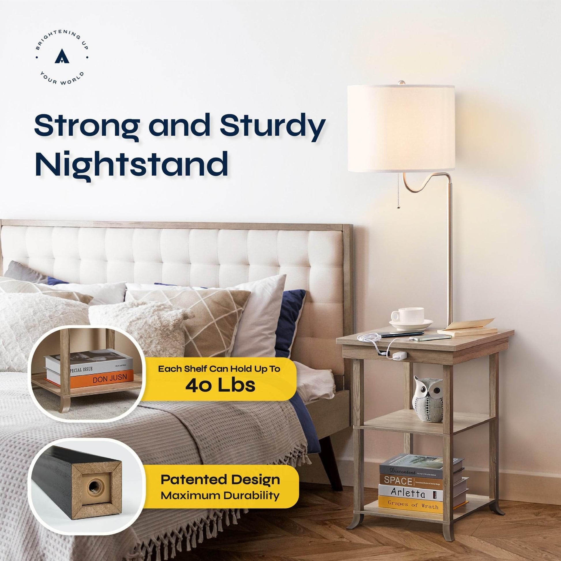 ATAMIN Ava Bedside Table with Lamp and USB-C Charging Station