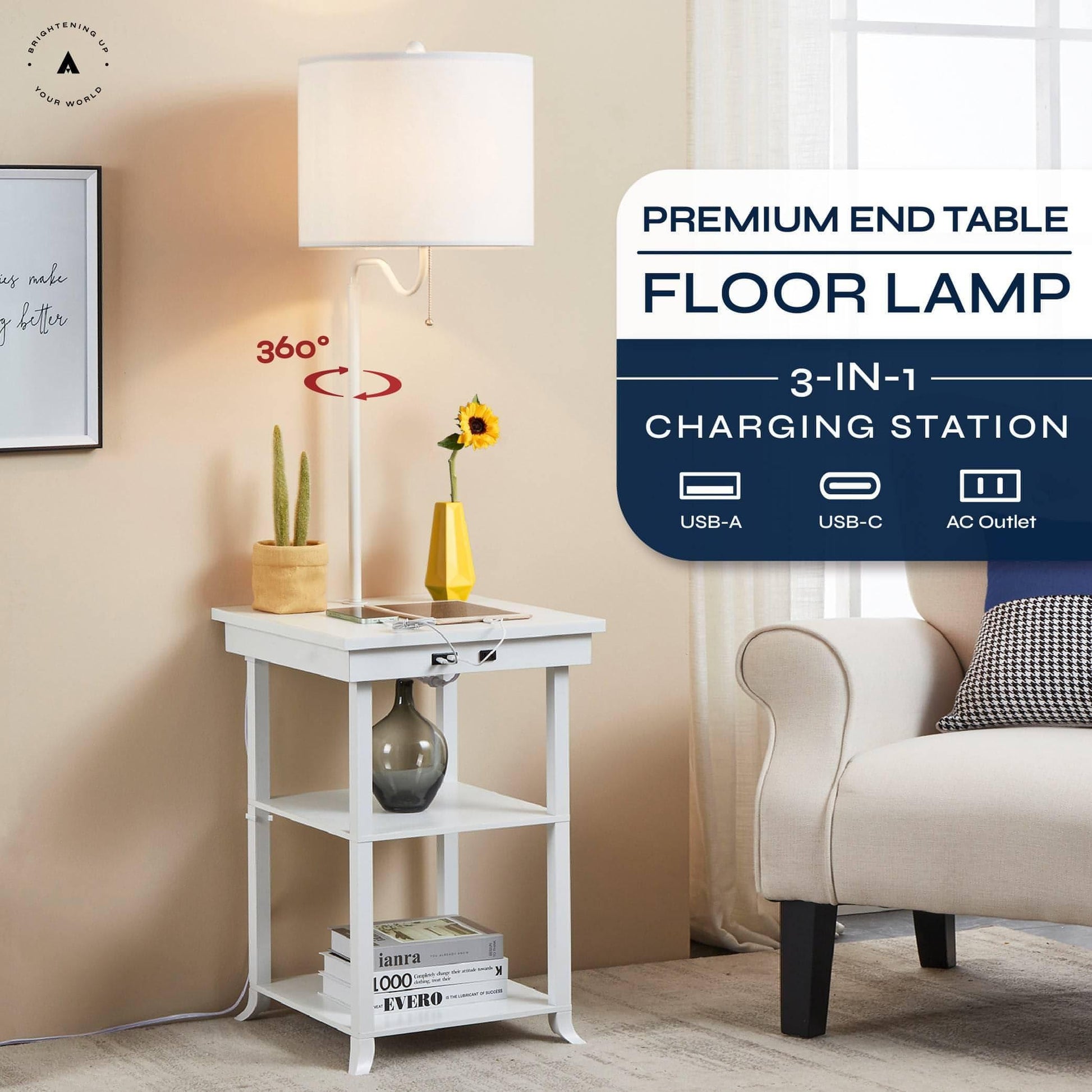 ATAMIN Ava Bedside Table with Lamp and USB-C Charging Station
