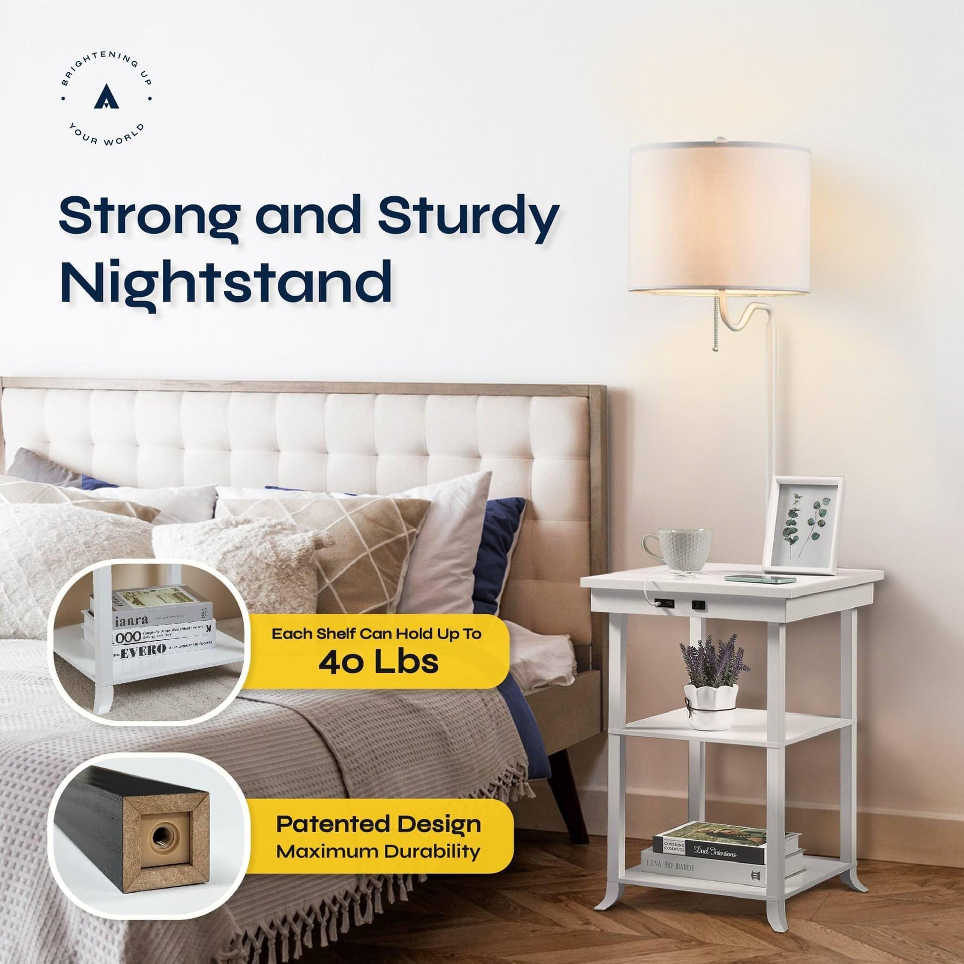 ATAMIN Ava Bedside Table with Lamp and USB-C Charging Station
