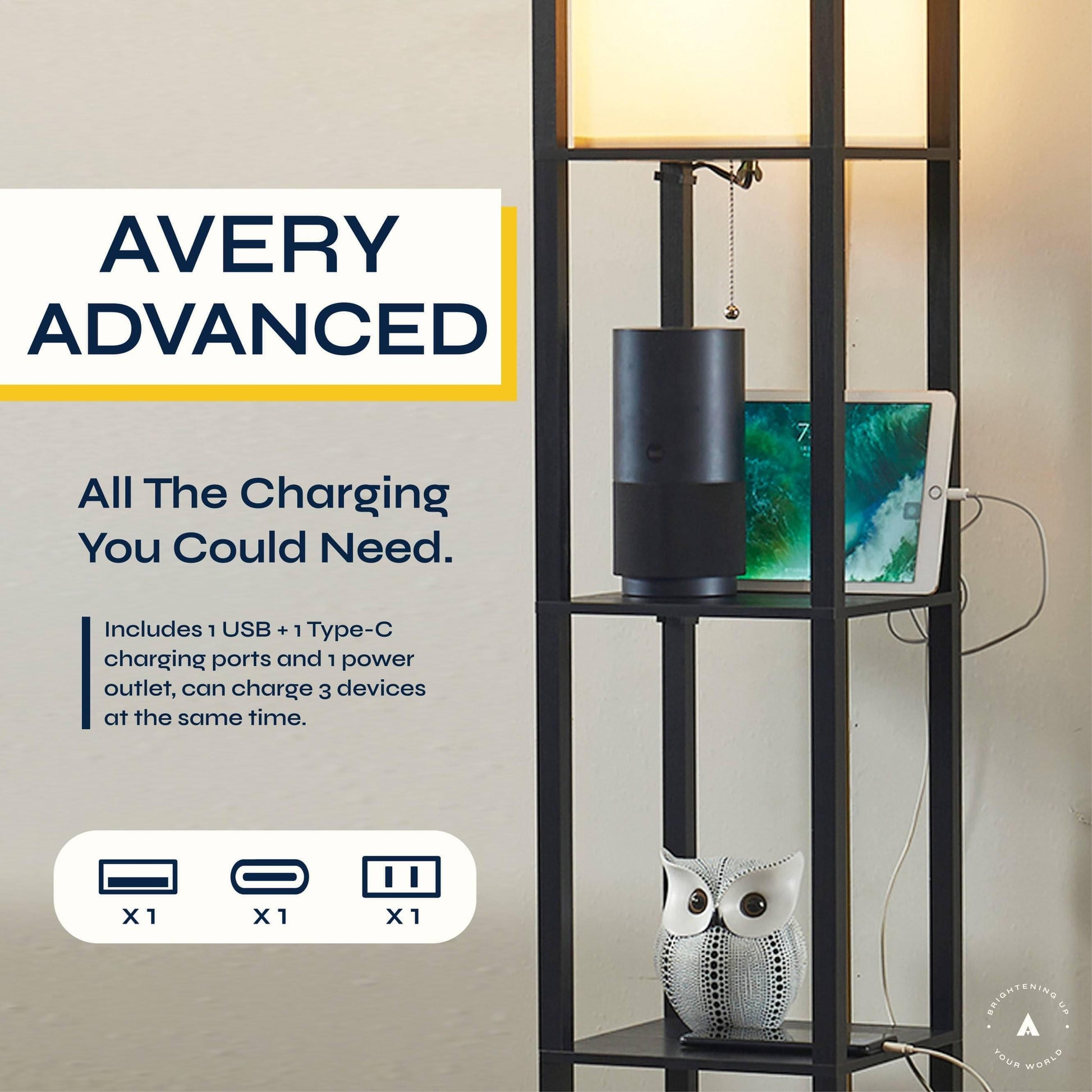 ATAMIN Avery Advanced 72" Floor Lamp With Shelves & USB-C Charging Station