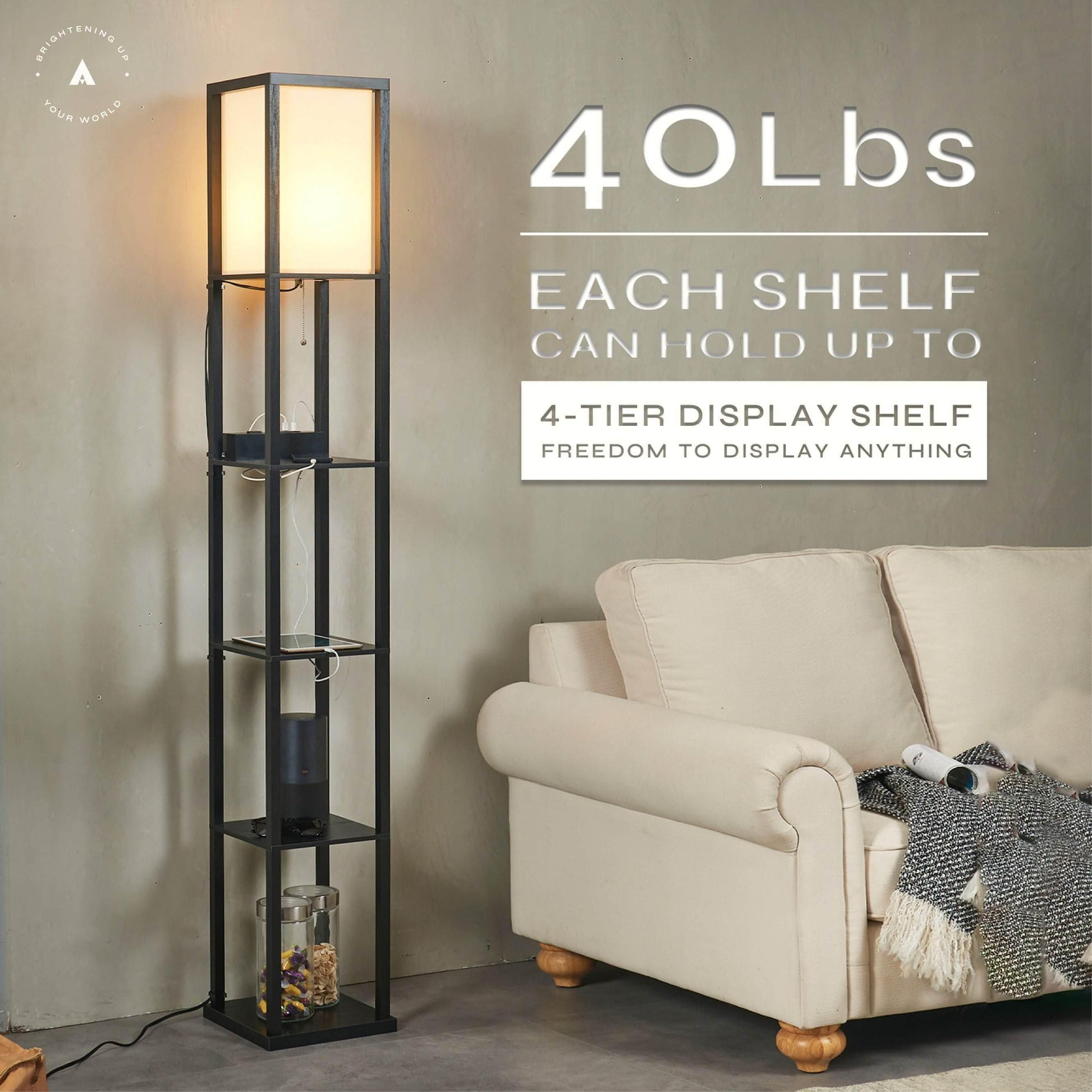 ATAMIN Avery Advanced 72" Floor Lamp With Shelves & USB-C Charging Station