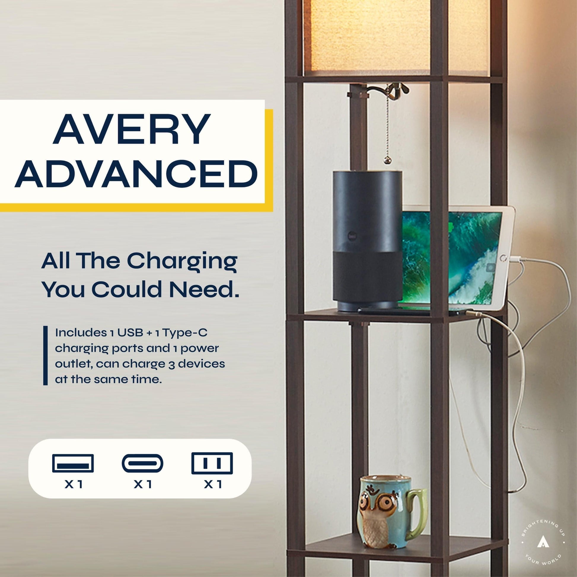 ATAMIN Avery Advanced 72" Floor Lamp With Shelves & USB-C Charging Station
