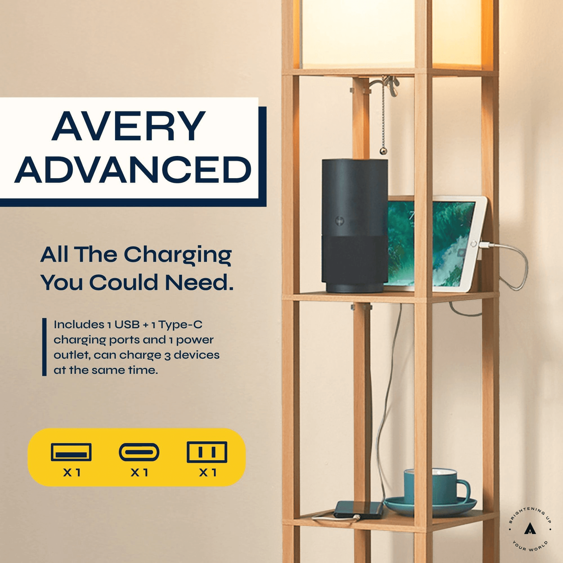 ATAMIN Avery Advanced 72" Floor Lamp With Shelves & USB-C Charging Station