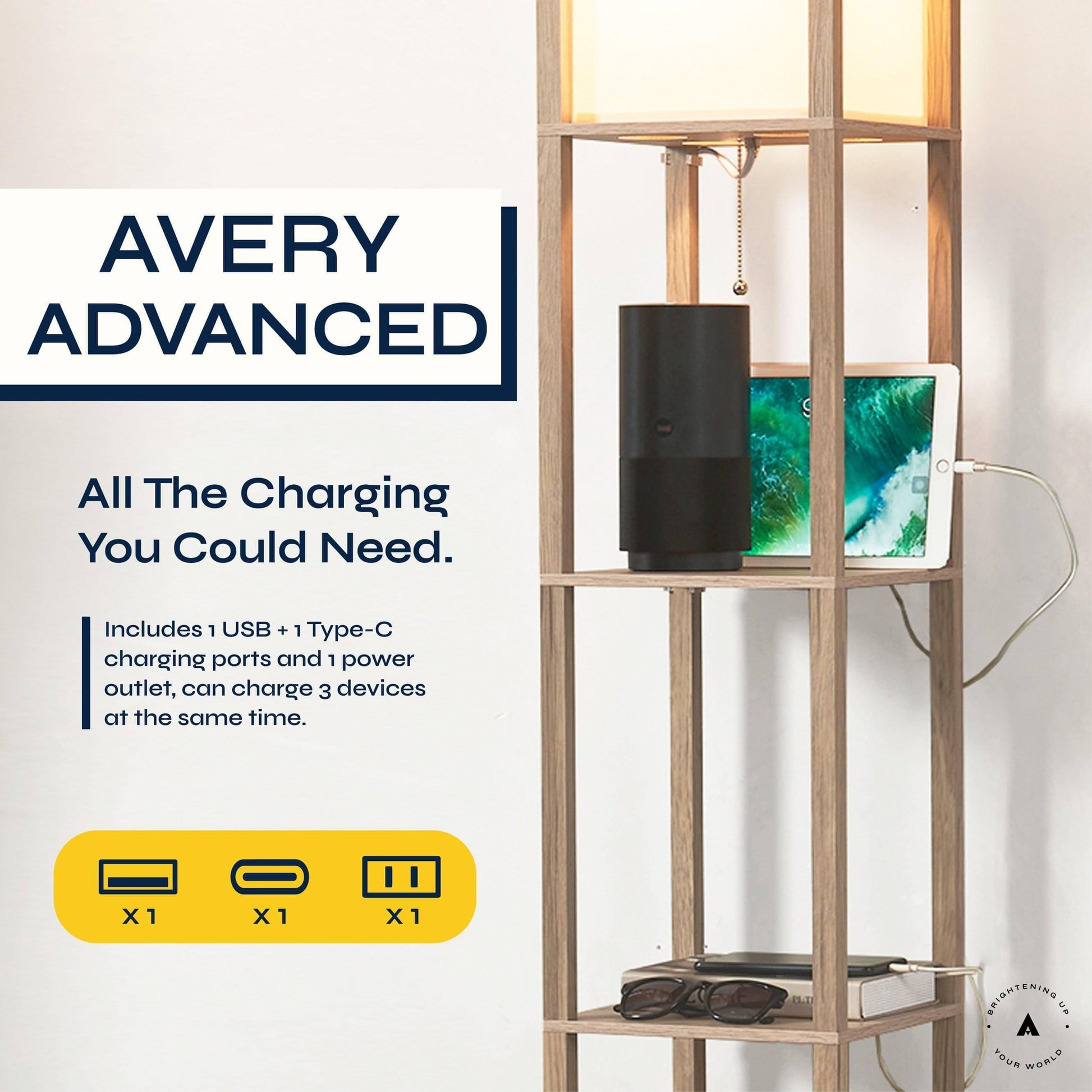 ATAMIN Avery Advanced 72" Floor Lamp With Shelves & USB-C Charging Station