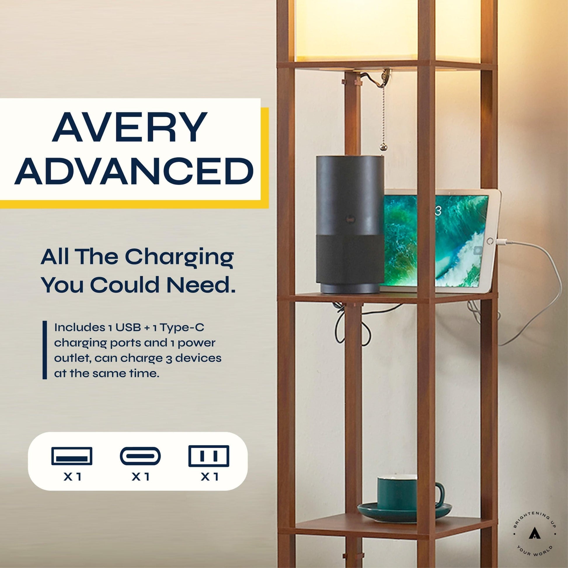 ATAMIN Avery Advanced 72" Floor Lamp With Shelves & USB-C Charging Station