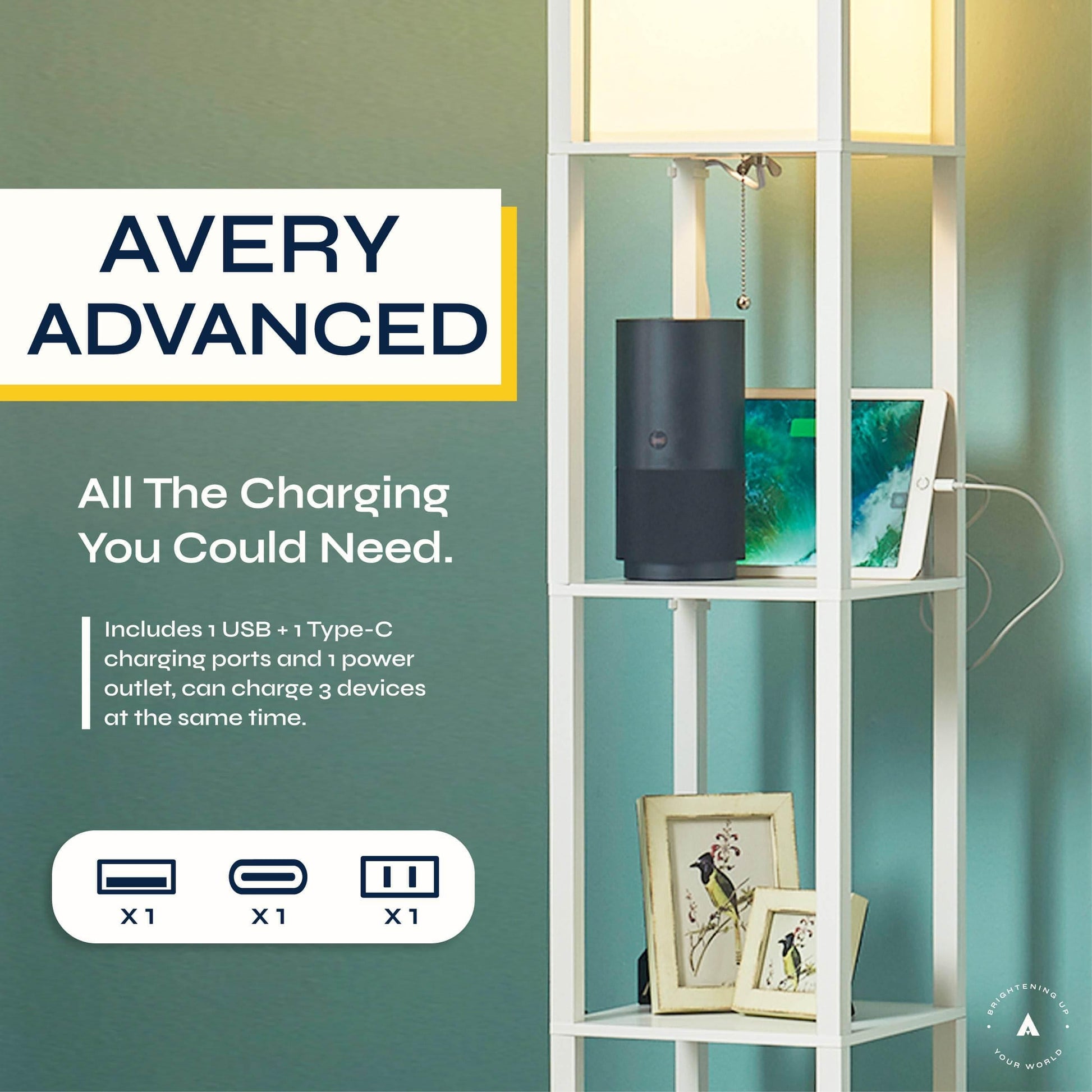 ATAMIN Avery Advanced 72" Floor Lamp With Shelves & USB-C Charging Station