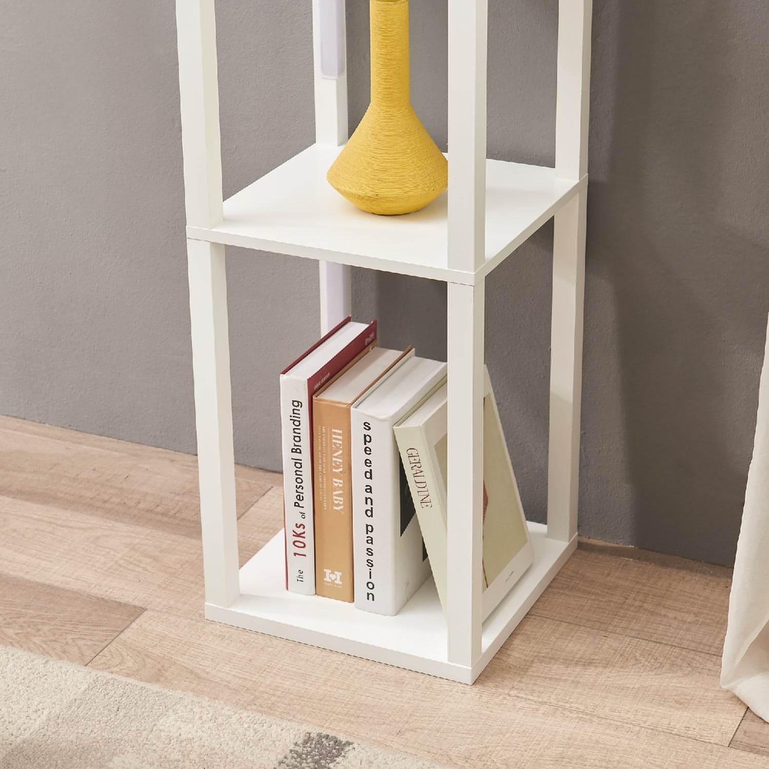 white floor lamp with bookshelf