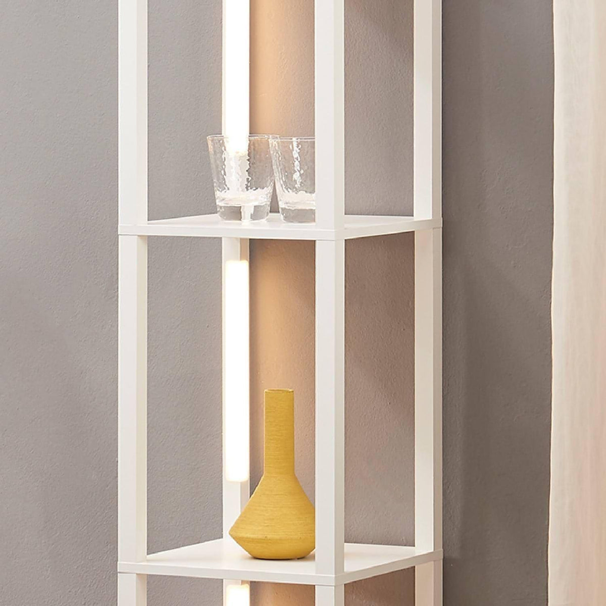 white floor lamp with shelves
