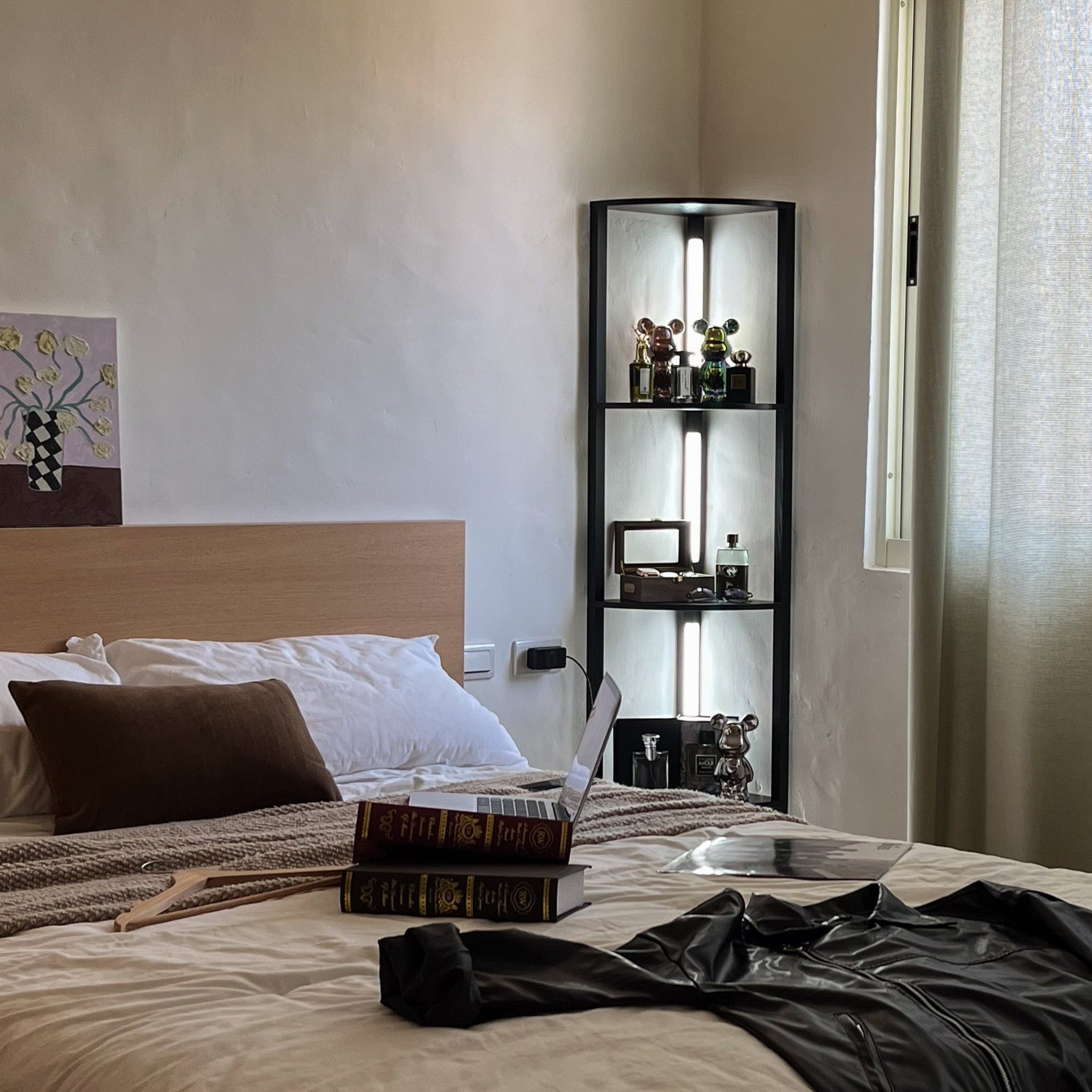 Bedroom floor lamp with nightstand functionality