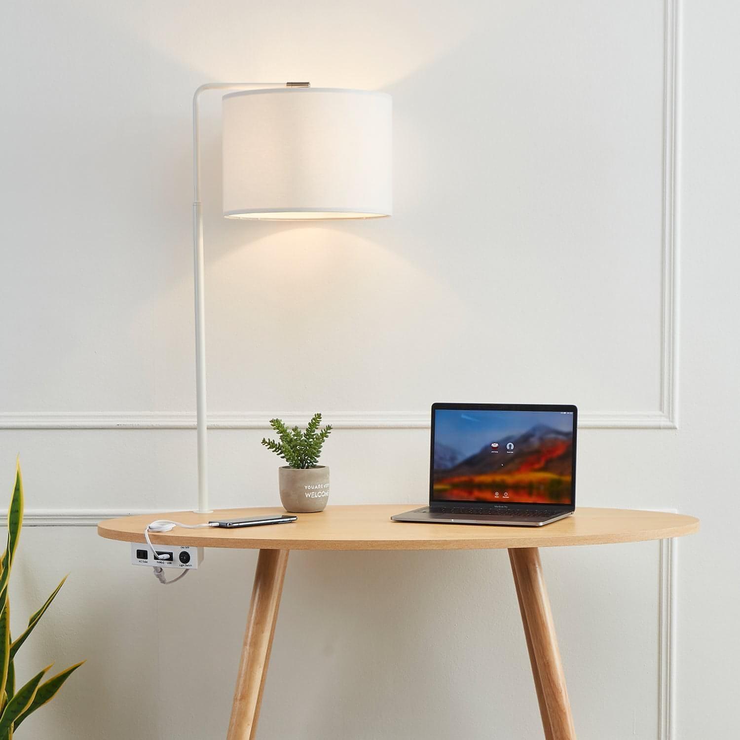 mid century workdesk with charging ports for computer