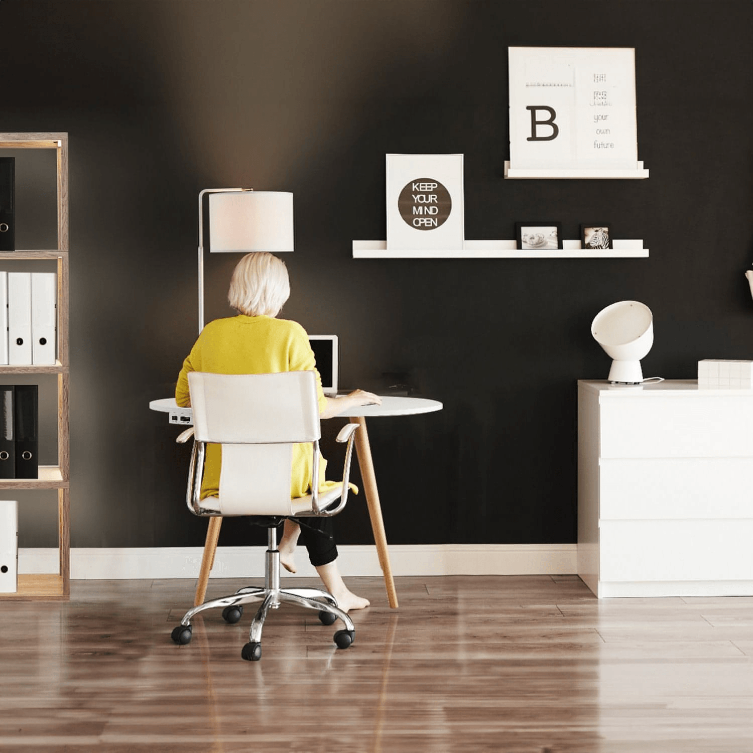 universal mid-century workspace with lamp