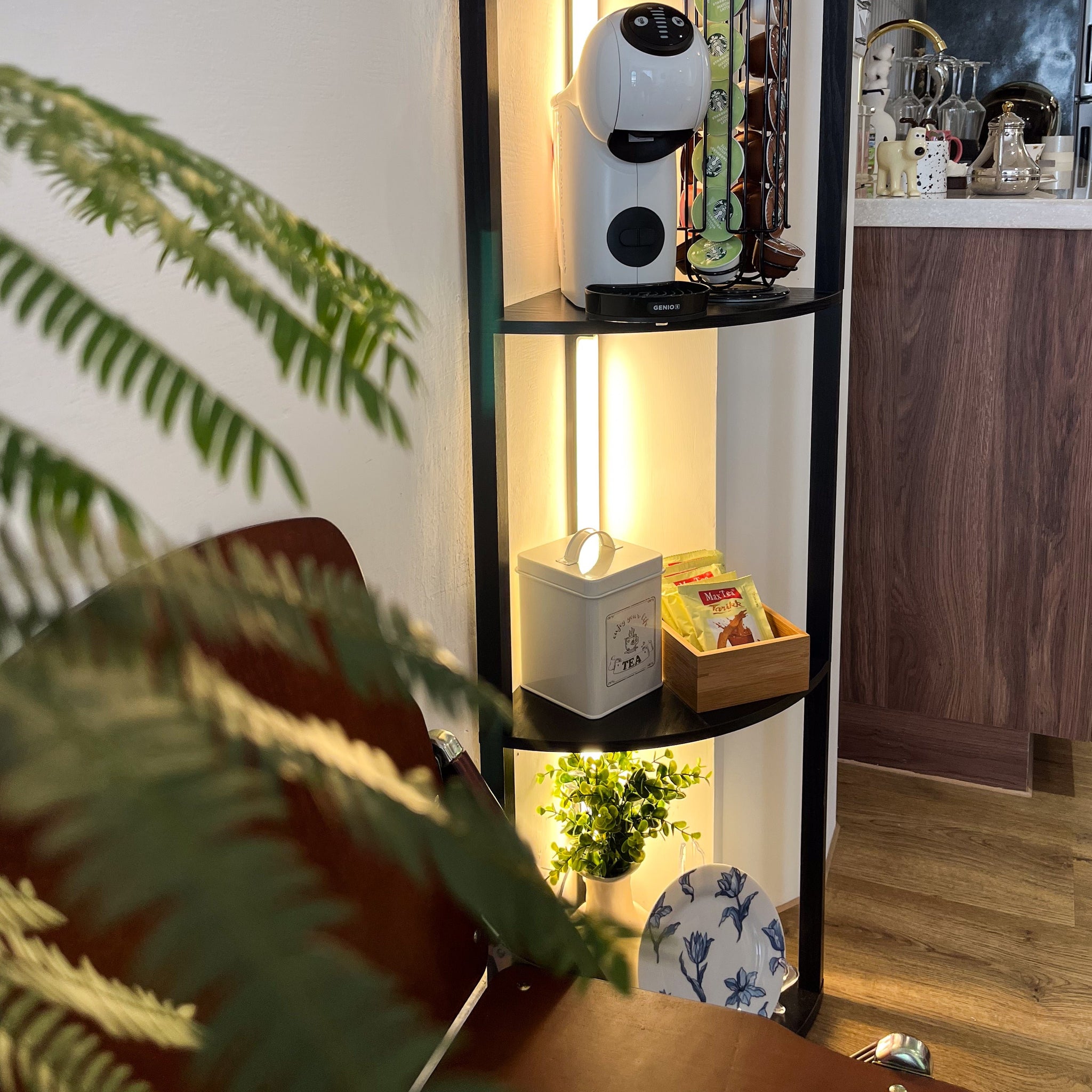 Space saving corner shelf and lamp for kitchen