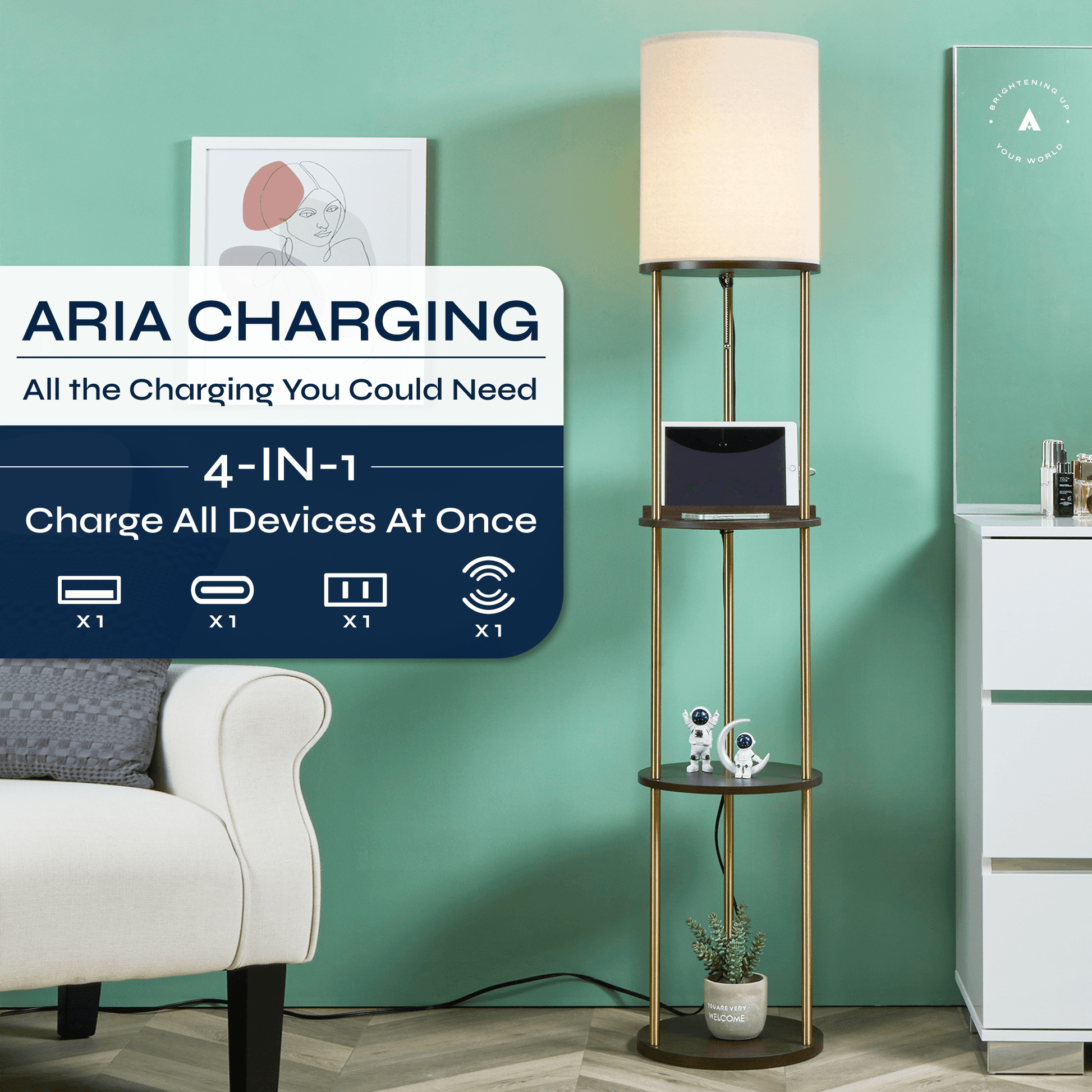 ATAMIN Aria Charger Edition - Modern Floor Lamp with Shelves and Charging Station