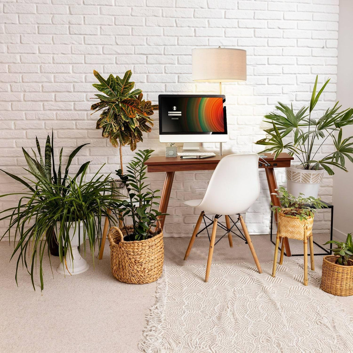 mid-century computer desk with lamp 